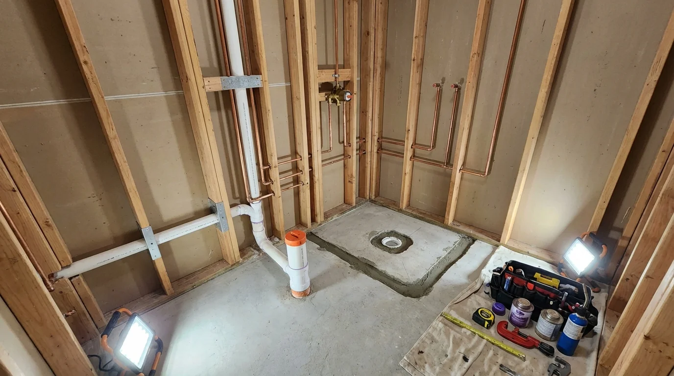 Bathroom rough-in plumbing during remodel by Johns Plumbing LLC in Keller