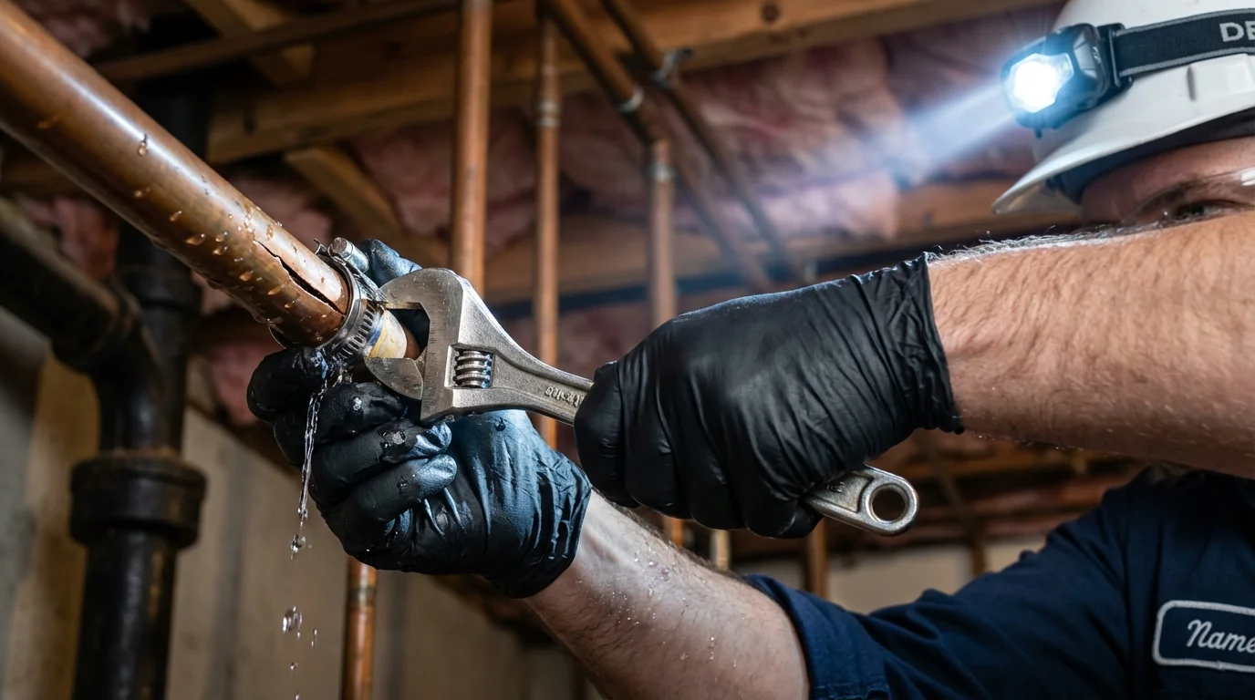 Emergency pipe clamp repair being performed by a Johns Plumbing LLC plumber in Keller